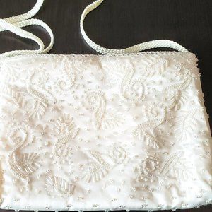 Vintage NYT LITES White Satin Beaded Bridal Elegant Evening Purse Bag Dressy
